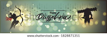 Vector illustration of Happy Dussehra greeting, Indian festival, Lord Rama holding bow and arrow in hands killing Ravana, fireworks, danglers, beautiful bokeh background. Royalty-Free Stock Photo #1828871351