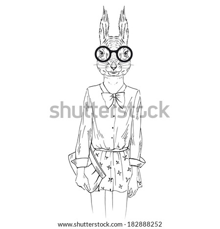 Hand drawn one color sketch of dressed up squirrel girl hipster isolated on white