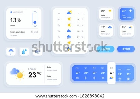 GUI elements for weather forecast mobile app. Temperature, atmospheric pressure, weather condition user interface generator. Ui ux toolkit vector illustration. Current and hourly forecast components. Royalty-Free Stock Photo #1828898042