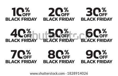Price off label or badge set. Black Friday sale icons or tags with 10, 20, 30, 40, 50, 60, 70, 80, 90 percent discount. Vector illustration. Royalty-Free Stock Photo #1828914026