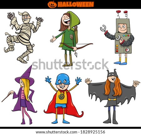 Cartoon Illustration of Kids and Teens in Costumes at Halloween Party or Masked Ball Set