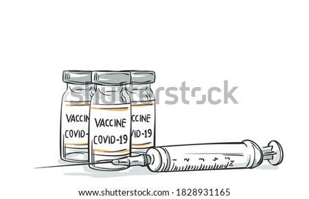 Coronavirus vaccine vials medicine bottles syringe vector drawing. Hand drawn ampoules for injection to fight against coronavirus. Vaccination, immunization, treatment 2019-ncov Covid-19  Royalty-Free Stock Photo #1828931165