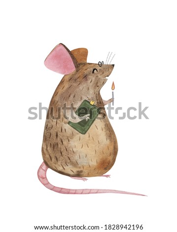 Cute reading mouse in eyeglasses with a candle and book watercolour illustration on a white background. Hand drawn clip art cartoon style painting. Nursery and children design 