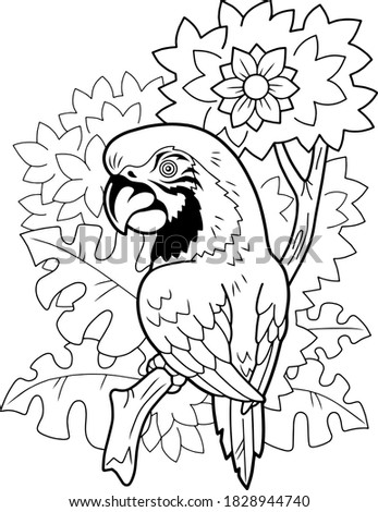 cute cartoon parrot, coloring book, funny illustration
