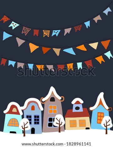 Winter scene with European city houses and flags at night time. Xmas concept made in vector.
