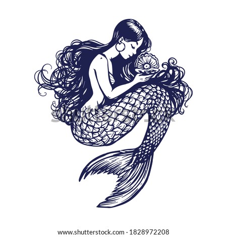 Beautiful young mermaid with the sea shell and pearl. Sea underwater fantasy creature with tail and decorative long hair. Hand drawn vector illustration, design for coloring book, tattoo and poster. Royalty-Free Stock Photo #1828972208