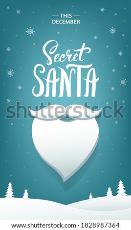 Secret Santa party flyer or leaflet design template with hand-drawn calligraphic text and Santa Clauses beard. - Vector illustration