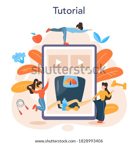 Slimming specialist online service or platform. Diet, plan, healthy, food, physical, activity. Calories control. Online tutorial. Isolated flat vector illustration