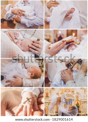 Collage of the sacrament of the baptism of a baby. Selective focus. People.