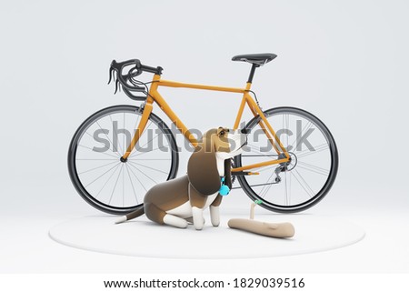 Dog beside bicycle 3d illustration
