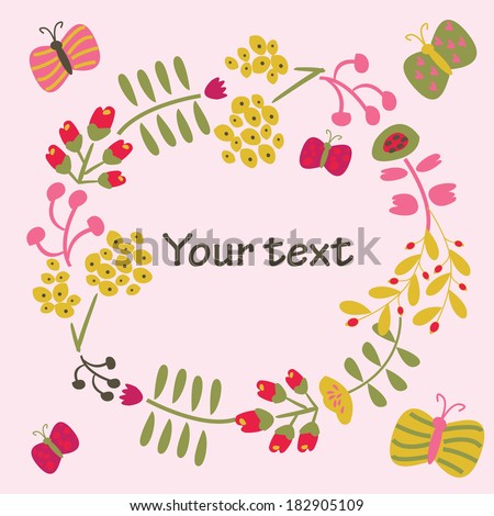 Cute spring background with flowers and butterflies in cartoon style