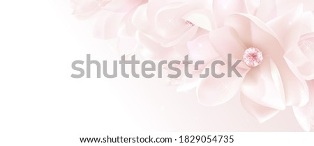 Gift certificate, Voucher template with realistic pink magnolia flower bouquet. Vector romantic floral background for wedding invite design, beautiful holiday invitation card, gathering or coupon
