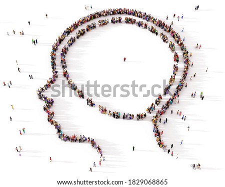 A large and diverse group of people seen from above gathered together in the shape of a Human Mind symbol, 3d illustration
