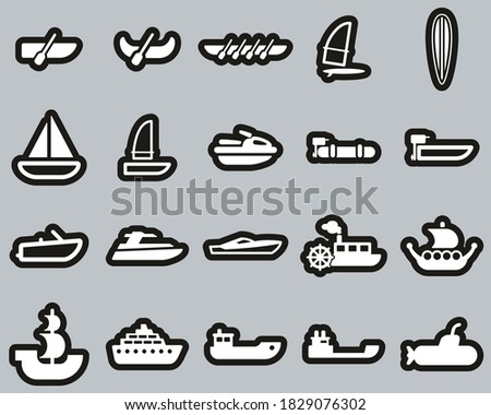 Boat Or Ship Icons White On Black Sticker Set Big