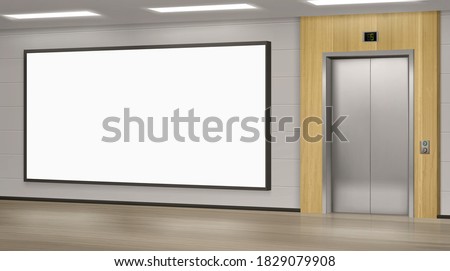 Realistic elevator with close doors and ad poster screen on wall, perspective view mockup. Office or modern hotel hallway, empty lobby interior with lift and blank display, 3d vector illustration