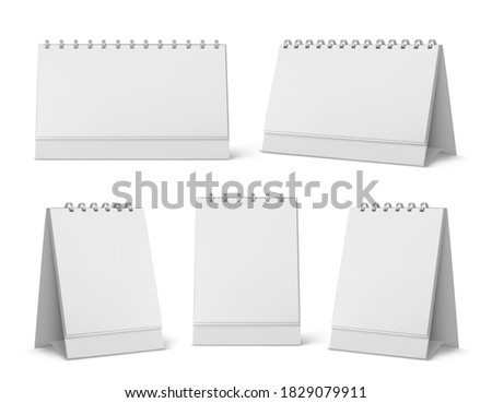 Calendar mockup with blank pages and spiral. Desktop vertical paper calender mock up front and side view isolated on white background. Agenda, almanac template. Realistic 3d vector illustration, set