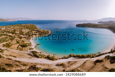 Voulisma beach Crete Greece, drone pic of Voulisma beach with blue ocean and blue sky. Europe