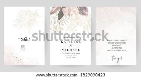 Luxurious beige and blush trendy vector design square frames. Pastel pampas grass, fern, tropical palm leaves. Watercolor brush texture. Wedding cards decoration. Elements are isolated and editable Royalty-Free Stock Photo #1829090423