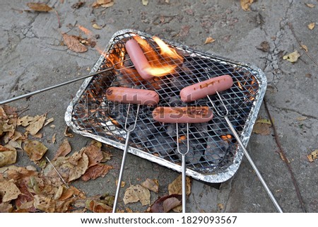 Autumn picture with a piece of white bread and a sausage over hot coals.