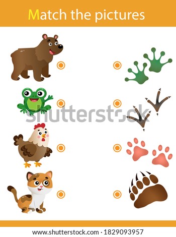 Matching game, education game for children. Puzzle for kids. Match the right object. Animal tracks. Whose trail? Bear, frog, chicken, cat. Royalty-Free Stock Photo #1829093957