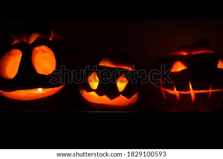 Three different  glowing Halloween Pumpkins isolated on black background at night