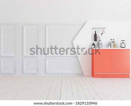 White minimalist kitchen room interior with dinning furniture on a wooden floor, decor on a large wall, white landscape in window. Home nordic interior. 3D illustration