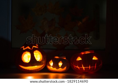Three different glowing halloween pumpkins on a windowsill against a background of maple leaves at night