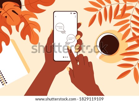 African female hand hold smartphone with message on screen. Touch screen gadget in woman's arm. Vector Illustration.