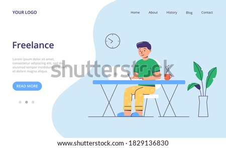 The guy is working on a laptop. Freelance or home office. Landing page template. Vector illustration in flat style.
