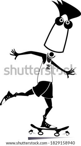 Man skateboarder isolated illustration. Cartoon teen boy skates on skateboarder black on white. 
