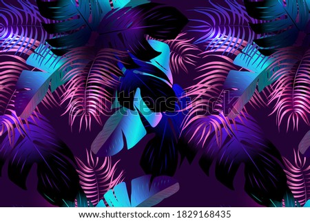 Neon tropical diseño  with  palm leaves and  letras.Summer night vector illustration.
 Royalty-Free Stock Photo #1829168435