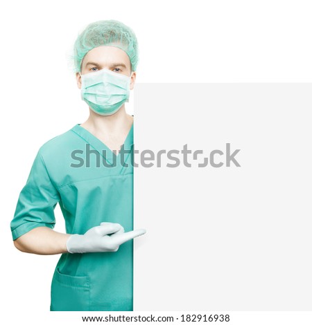 Surgeon pointing his index finger to the board at his left isolated on white background - 1 to 1 ratio image