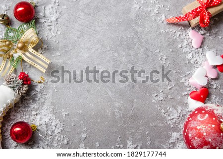 Christmas decoration background. Christmas tree and holidays ornament. Copy space