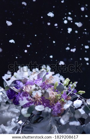 A bouquet of flowers in purple tones with a silvery eucalyptus against a dark wall and imitation of snow
