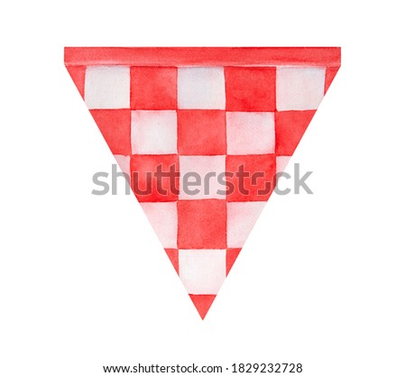 Festive triangular flag with red and white checkered pattern. One single object, front view. Hand painted watercolour sketchy drawing, cut out clip art detail for design decoration, banner, print.