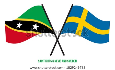 Saint Kitts & Nevis and Sweden Flags Crossed And Waving Flat Style. Official Proportion.