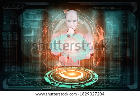 Thinking AI humanoid robot analyzing hologram screen showing concept of AI brain and artificial intelligence thinking by machine learning process. 3D illustration.