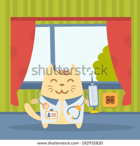 Character doctor in medical coat with a stethoscope colorful flat. Cat male stands in a residential apartment near the window holding a syringe