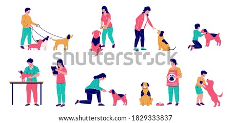 People with dogs, flat vector isolated illustration. Pet lovers, owners playing, walking with puppies in park, feeding, teaching dogs to perform commands, visiting vet, adopting animals from shelter.