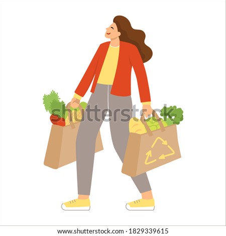 woman with shopping carrying bags with eco food, vegetables, shopping, vector illustration
