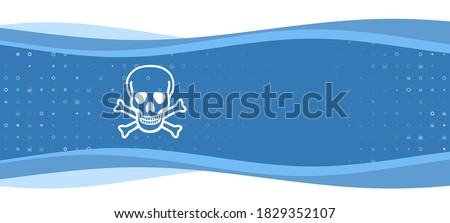 Blue wavy banner with a white skull symbol on the left. On the background there are small white shapes, some are highlighted in red. There is an empty space for text on the right side