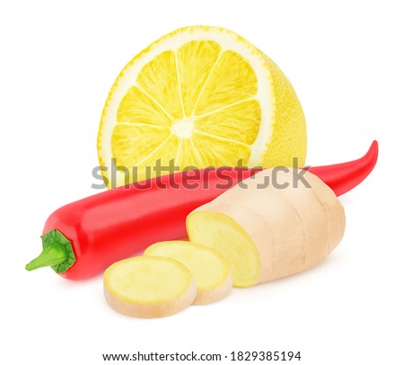 Composition with red hot chili pepper, lemon, and ginger. On white background.. Clip art image for package design.