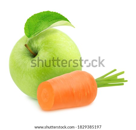 Composition with fruits and vegetables: carrot, apple, on white background. Clip art image for package design.
