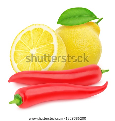 Composition with red hot chili pepper and lemon. On white background. Clip art image for package design.