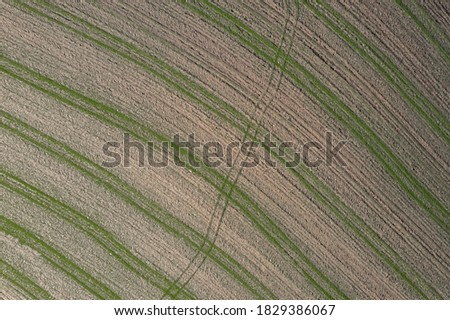 Picture of an aerial view with a drone of a field and field with tractor tracks in the Bavarian forest near Grafenau, Germany