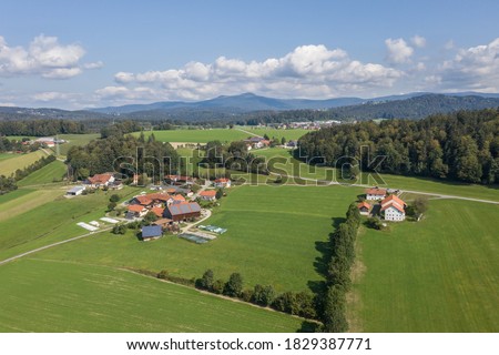 Picture of an aerial view with a drone of the landscape in the Bavarian Forest near Grafenau, Germany