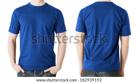 clothing design concept - man in blank blue t-shirt, front and back view Royalty-Free Stock Photo #182939192