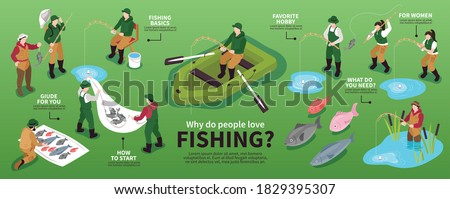Isometric infographics with human characters of fishermen with fishing equipment colourful fishes and editable text captions vector illustration