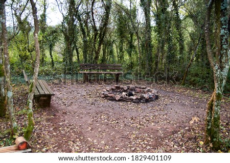Stone fireplace photographed with a wooden bench in nature.