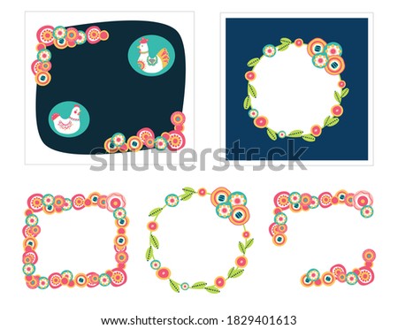 Set of vector cards templates, floral frames and boardes, template frames for invitation, greeting cards, wedding or birthday. Decorative holiday illustration for your text.  Bright Folk Ethnic style
